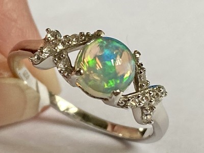 Tjc Ethiopian Welo Opal & Zircon Kiss/cross Ring. Platinum On Silver 925 Size S