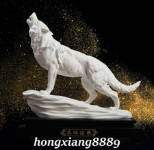 Estatua animal lobo bestia de porcelana blanca Fengshui de 13,1" antigua China Dehua