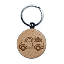 Cute Truck with Easter Eggs Engraved Wood Round Keychain Tag Charm