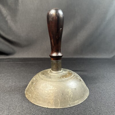 ANTIQUE Hand Held Wood & Metal Brass School or Dinner? Primitive BELL Wide Short