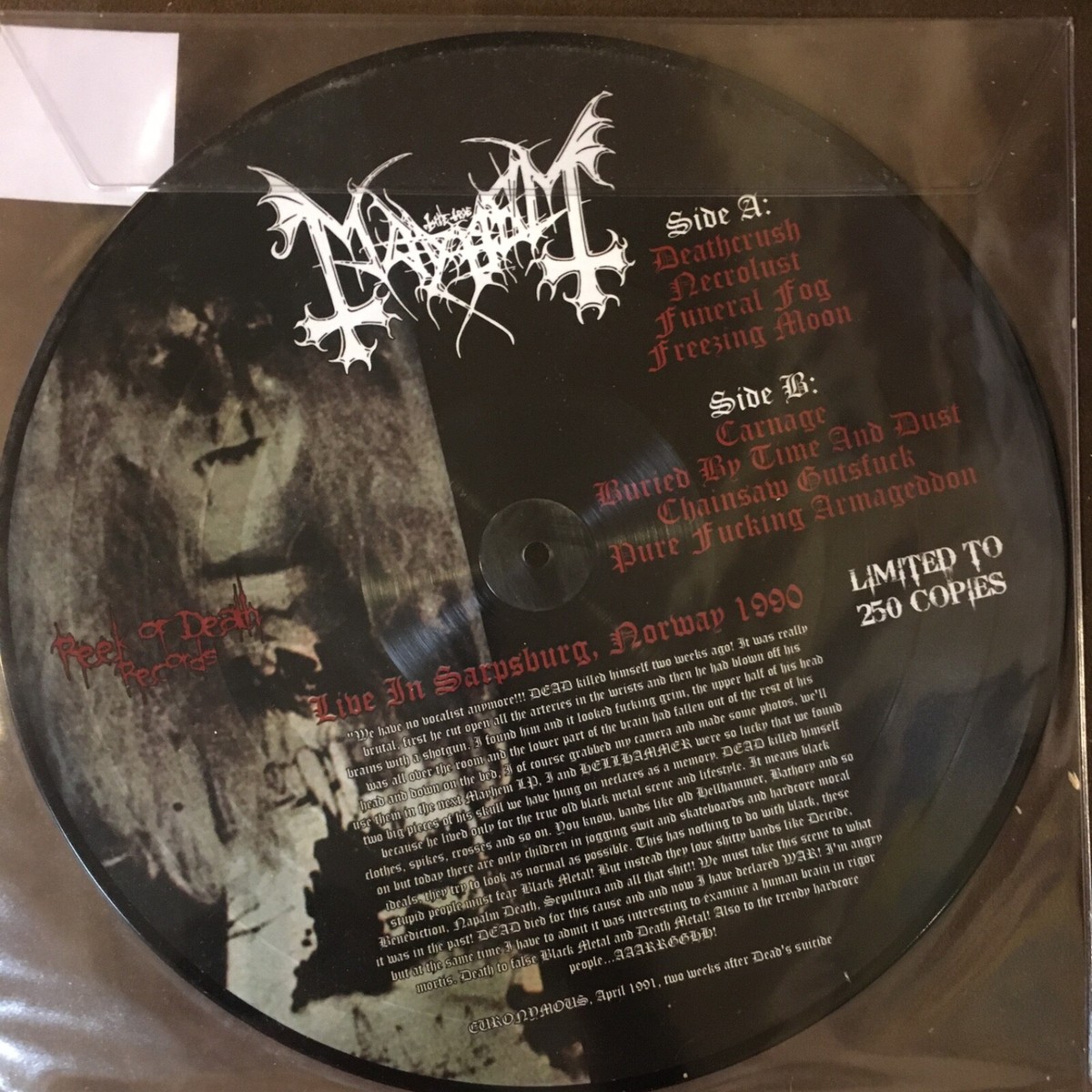 MAYHEM Live in Sarpsburg, Norway 1990 - SUPER RARE Picture Disc