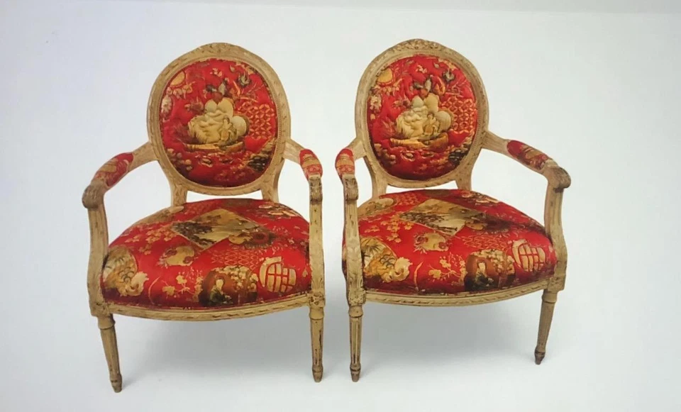 French Chair Chinoiserie Toile Red Quilted Asian Scene Chairs Matching PAIR - Image 3 of 4