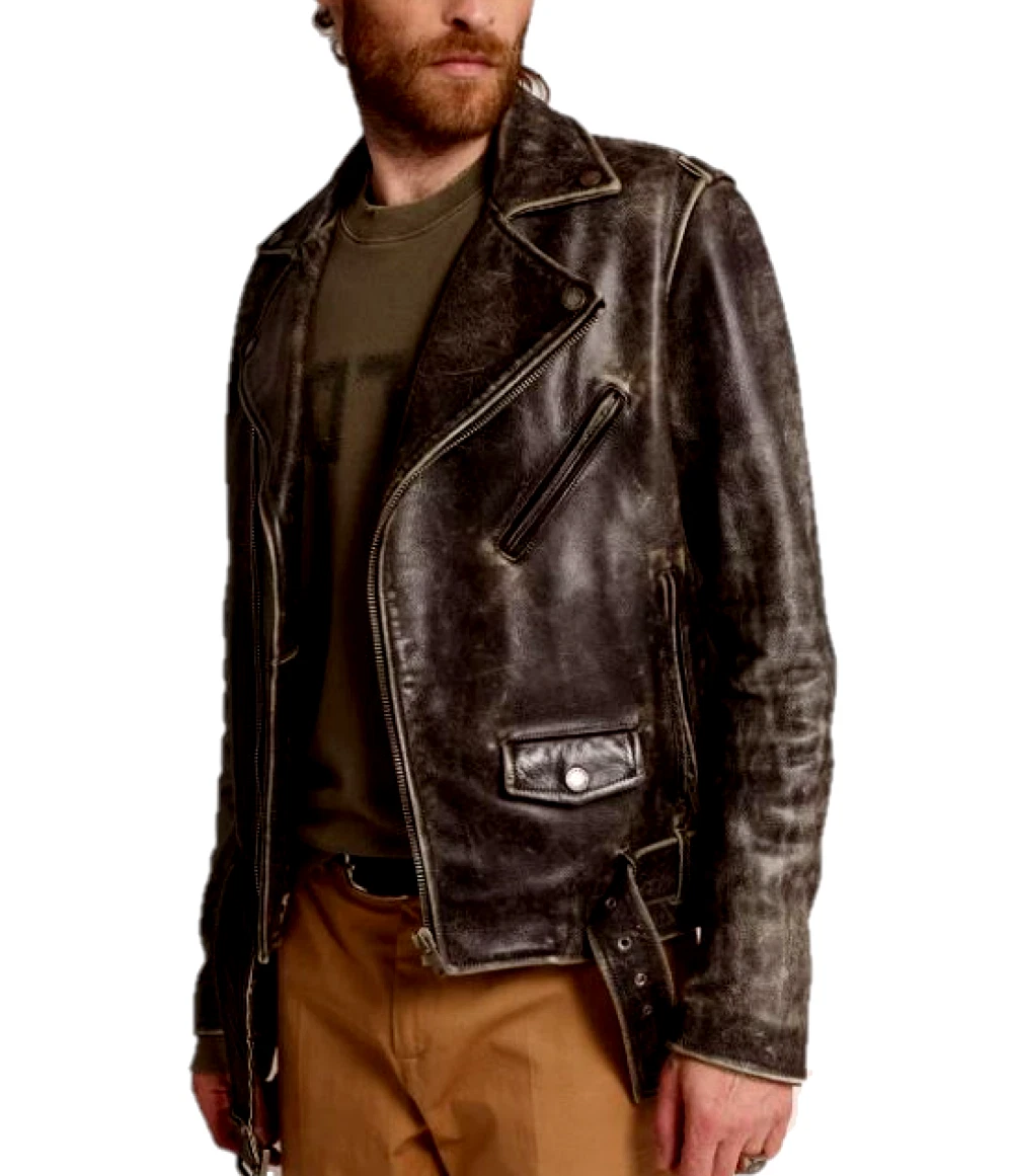 Men's Motorcycle Biker Genuine Buffalo Skin Leather jacket Brando Style Black image 2