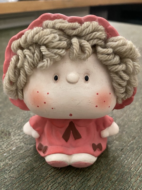 1980's Vintage Doll Girl with Yarn Hair Clay/Ceramic Piggy Bank Japan - unique