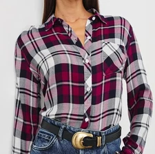 NEW $188 RAILS Hunter Plaid Shirt Women Small Long Sleeve Lychee Navy White