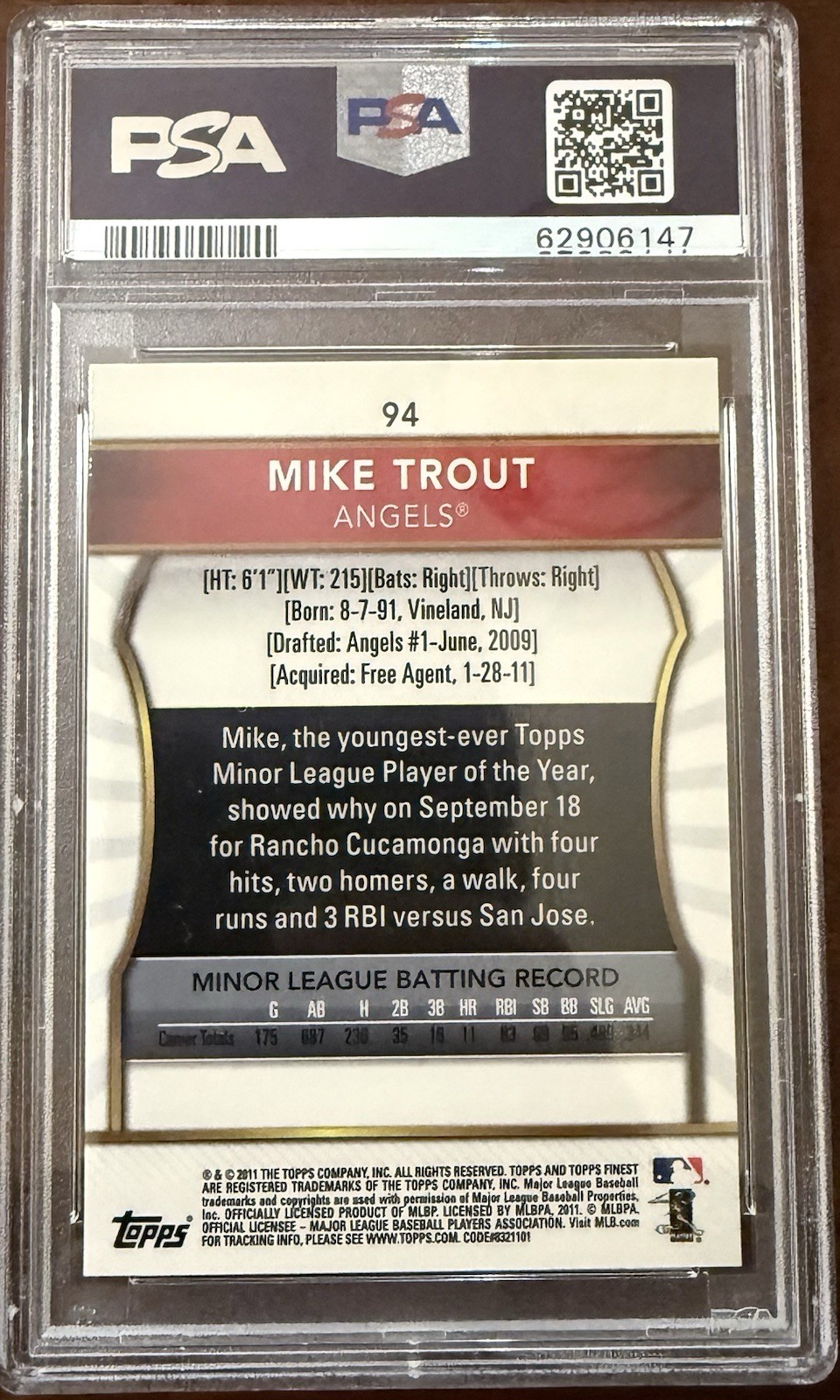 2011 Finest #94 Mike Trout Rookie RC PSA 8 view 2