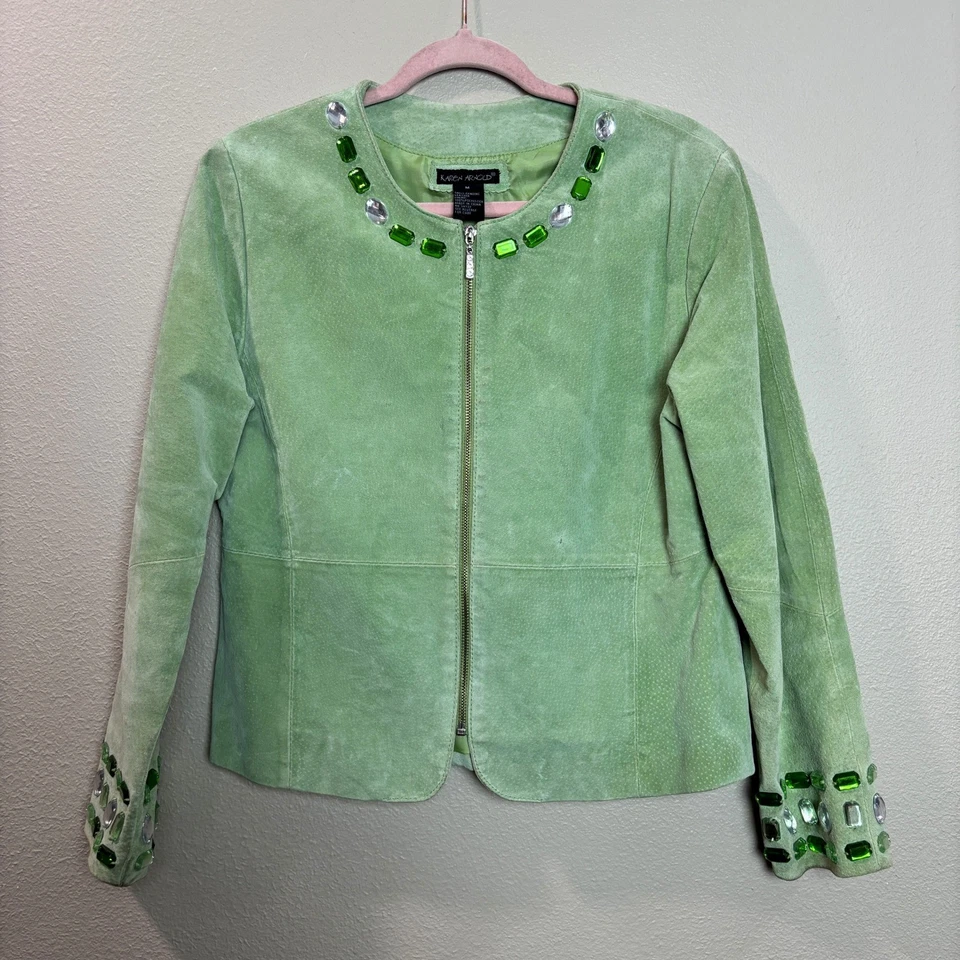 Chaqueta de cuero para mujer y2k Glam verde claro estrás colorida declaración retro M Foto 4 de 4
