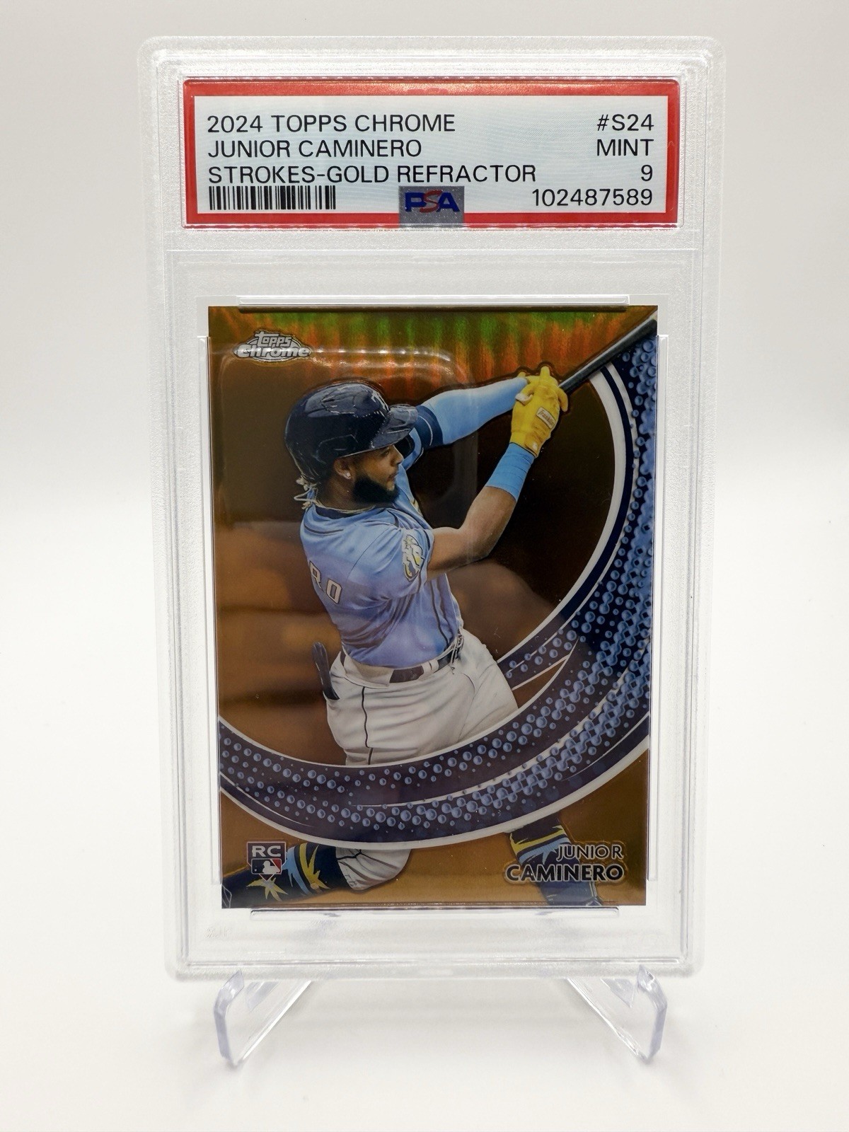 2024 Topps Chrome Junior Caminero Strokes Gold Refractor RC /50 #S-24 PSA MINT 9
