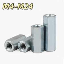 Long Hex Connection Nuts Galvanised Hexagon Thread Rod Length:10-70mm M4-M24