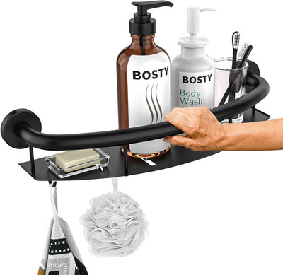 Black Shower Grab Bar Shelf 18 Inch,  Stainless Steel Shampoo Shelf Grab Bar, Wa