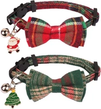PTDECOR Christmas Cat Collars, Red Green Plaid Bowtie Xmas with Christmas-1 