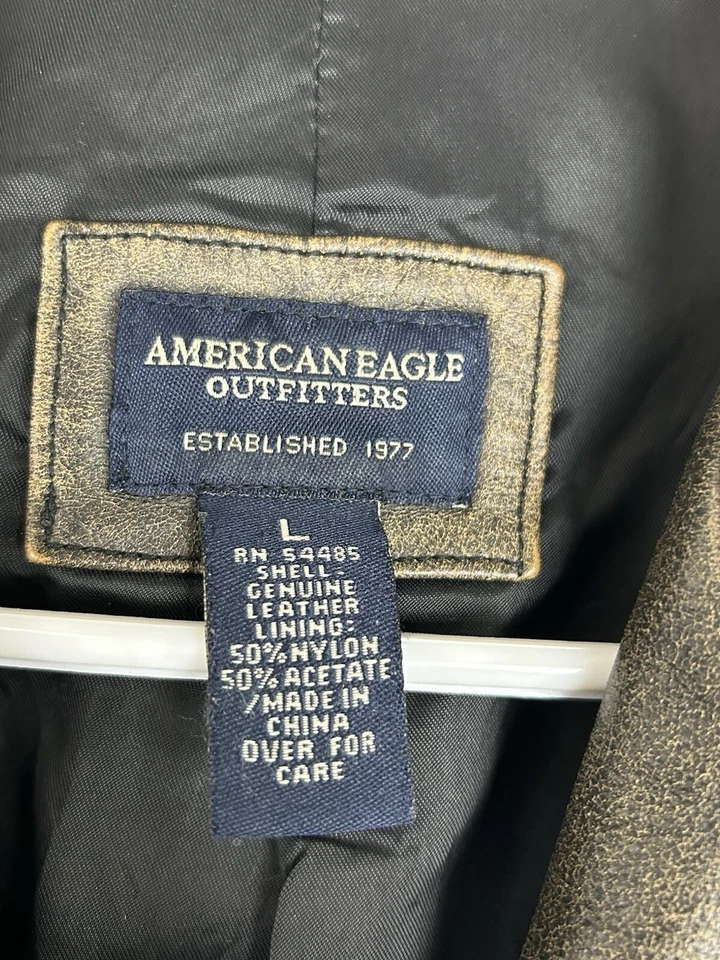 American Eagle Jacket YOUTHS Large Brown Distressed Leather Coat Grunge Y2K - Image 3 of 4