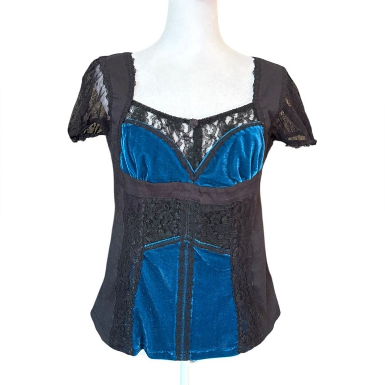 Tripp NYC Blue Black Velvet Lace Corset Top Zip Back Vintage Womens XL Gothic