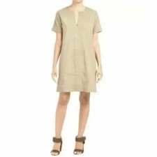 Theory Slit Front Linen Blend Beige Caliver Shift Dress