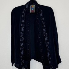 Johnny Was Black Floral Kimono Tie Womens Size S Black Embroidered Boho Whimsy