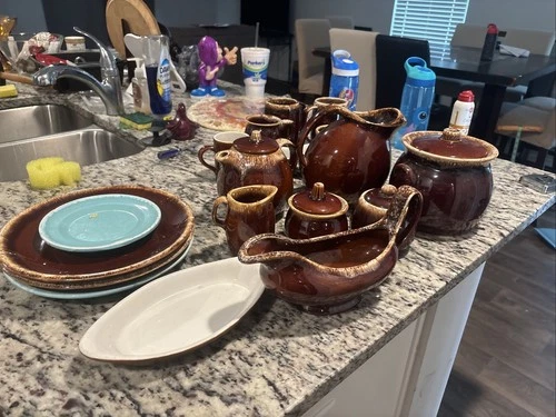12 Pc Oven Proof Brown Drip Hull And Hall Pottery