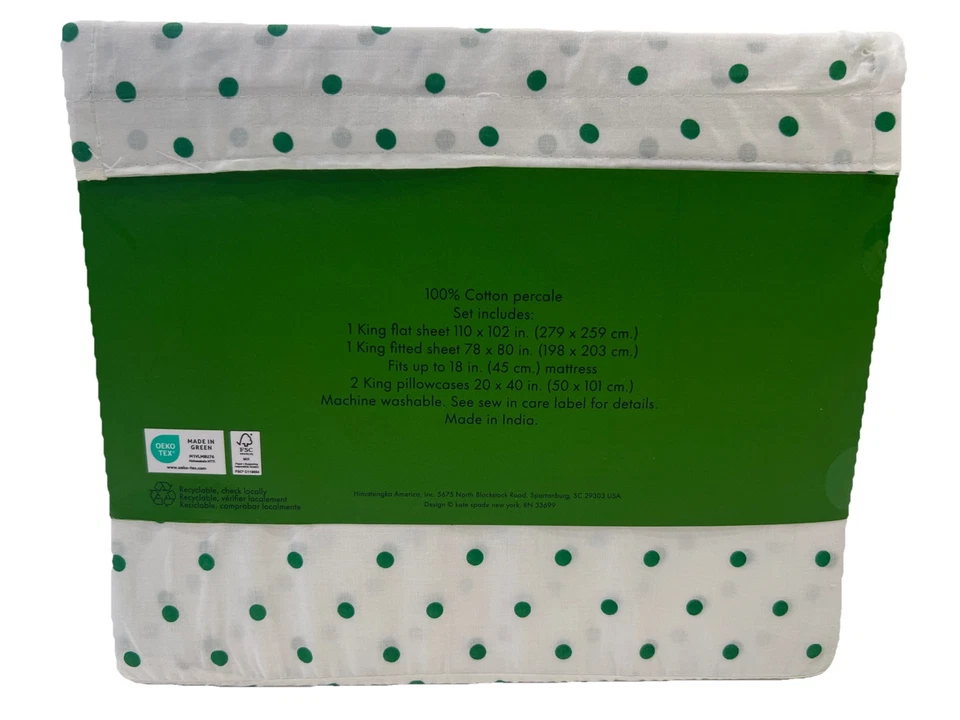 Kate Spade King простыни комплект - зеленый горошек дизайн, 100% хлопок перкаль новый с Ярлыками - Изображение 3 из 4