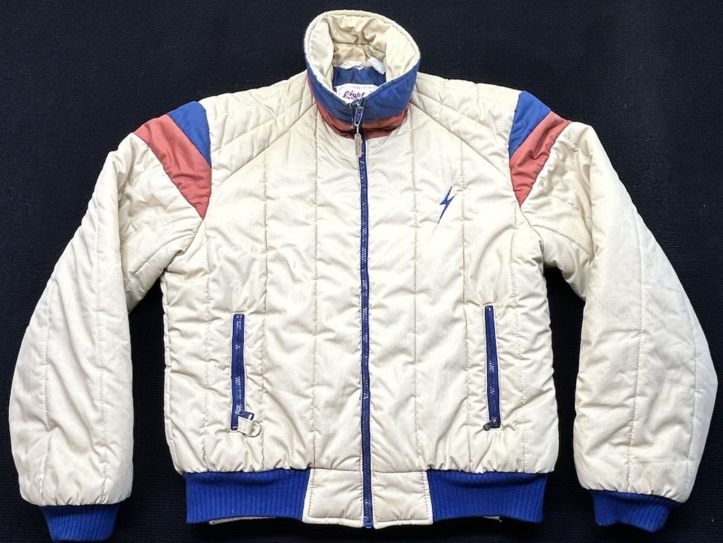 Vintage Lightning Bolt Jacket Mens M Beige Puffer Full Zip Retro