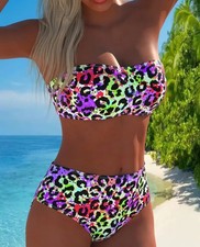 New Vibrant Multicoloured Leopard Print Bandeau Bikini Set - Size 10