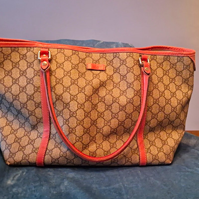 Authentic Vintage Gucci GG Supreme Medium Joy Tote Bag - Pink Leather Trim