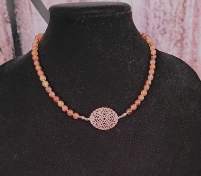 Artisan crafted, 18 coffee vein agate on knotted silk with copper filigree focal