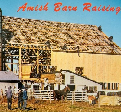1970s Postcard Amish Barn Raising Pennsylvania Dutch Country Vintage E2D