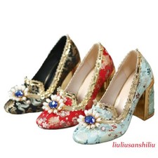 Women's Beads Rhinestones Dress Embroidery Flower High Heel Pumps Satin Shoes OL