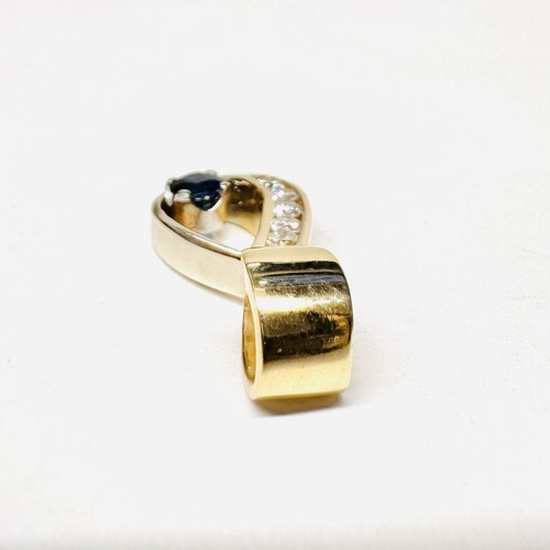 Vintage 14k Yellow Gold Blue Sapphire & .20cts Channel-Set Diamond Swirl Pendant - Picture 4 of 7
