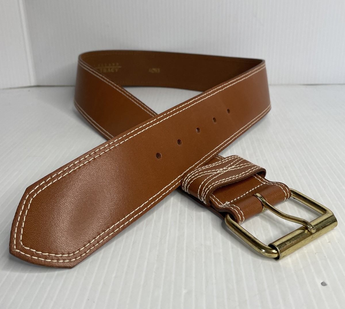 Linda Allard For Ellen Tracy size 6 Tan Leather Belt White Top Stitching Linda Allard For Ellen Tracy size 12 genuine leather belt  main image 3