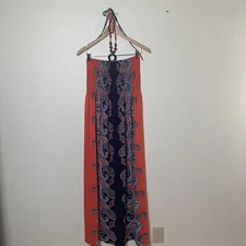 NEW Magic Beaded Halter Dress Size S Sundress Maxi Orange Navy Paisley