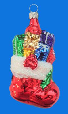 GERMAN BLOWN GLASS CHRISTMAS STOCKING W/ PRESENTS ORNAMENT