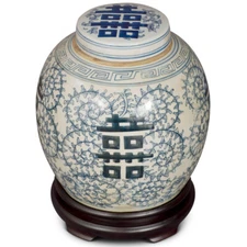 US Seller - Blue and White Porcelain Chinese Double Happiness Jar
