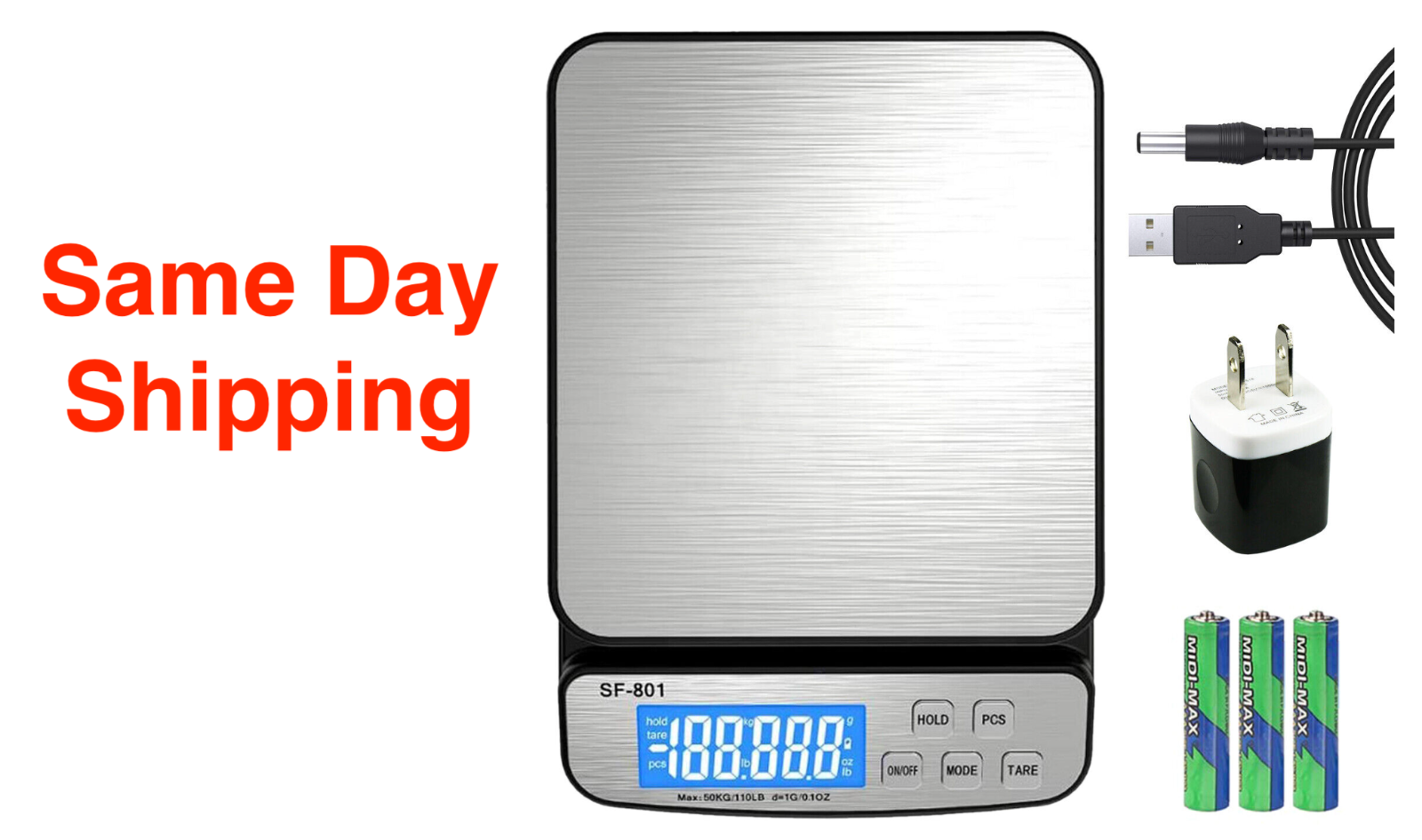 110 LB x 1g Digital Scale Postal Shipping Scale AC Adapter Battery SF