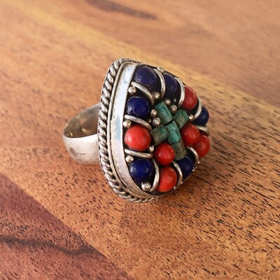 Vintage Tibetan Coral Turquoise and Lapis Lazuli Handcrafted Heart Tribal Ring
