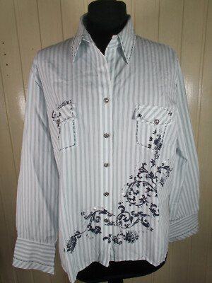 Bluse weiß gestreift himmelblau Gerry Weber 46 Blumen Glitzer Tasche