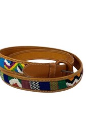 Belt Size 42 Leather Needlepoint Ethnic Handmade Tooled Stitched Edging