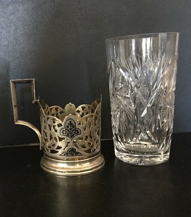 Stunning Russian Silver Glass Holder With Crystal Glass.  