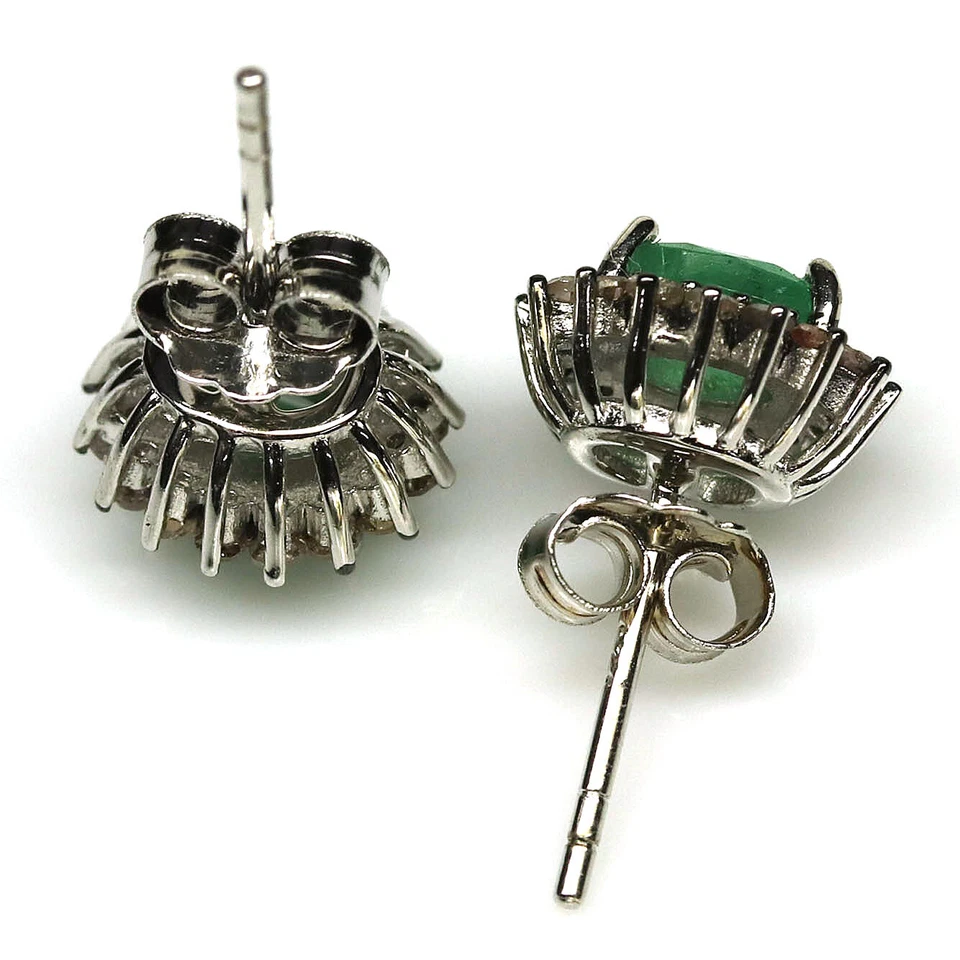 925 Sterling Silver 4 x 6 mm. Green Emerald & Diamond Earrings - Image 3 of 4