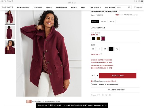 Talbots Plüschwollmischung Mantel - Neu mit Etikett - Shiraz Farbe - Größe Large - Bild 9 von 9