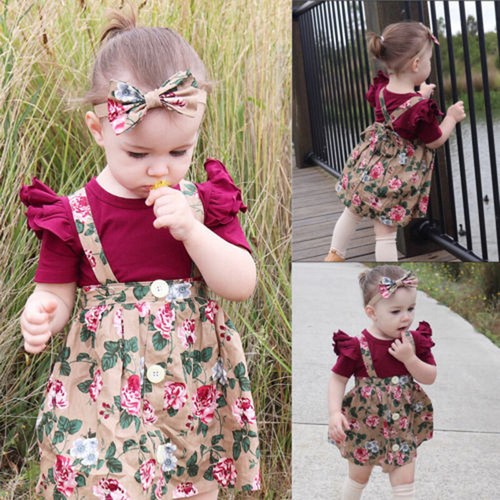 Baby Girl Dress with Headband Ruffles T-shirt Top Flower Print Dress Skirts Set - Picture 28 of 37