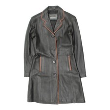 Aviatrix Womens Black Leather Mid Length Overcoat | Vintage Designer Vtg