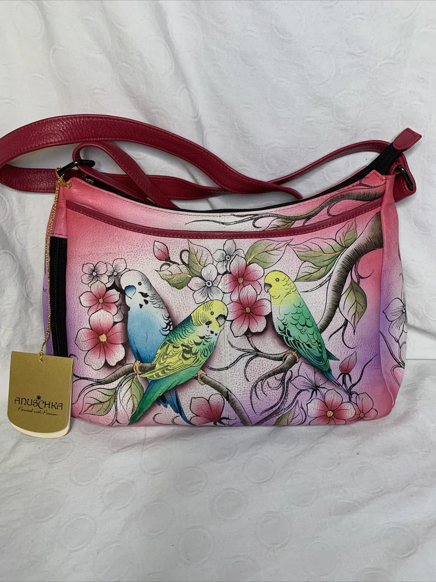 NWT Anushchka Hand Painted Parakeet Pink Hobo Purse