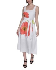 KARL LAGERFELD Women Floral-Print Linen-Blend A-Line Dress White Size 12 189
