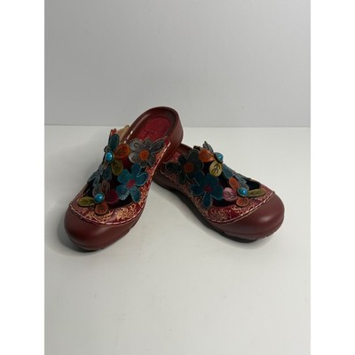 Spring Step L'Artiste Floral Leather Clogs Burgundy Mules EU 36 Womens