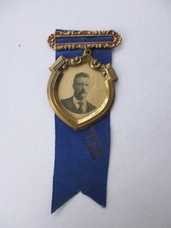 Large Theodore Roosevelt Picture Shield Metal Badge W/ Silk "Committee" Ribbon