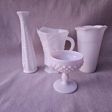 Lot of 4 White Milk Glass Pieces   Vase, Pitcher, Hobnail Compote ...