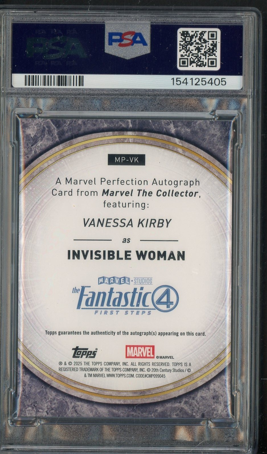 2025 Topps Marvel The Collector Perfection Orange Vanessa Kirby AUTO /25 PSA 8 view 2