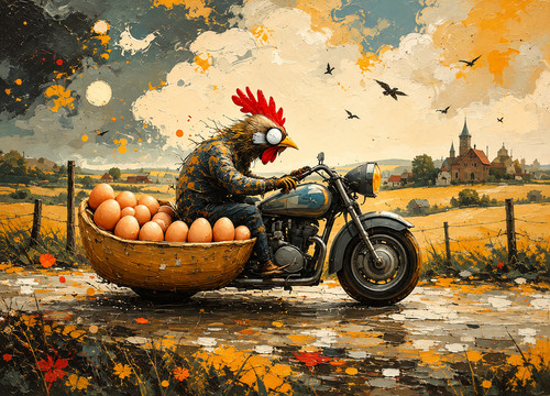 'Plan B' e9Art AI ACEO rooster chicken eggs motorcycle humor cartoon Art Card