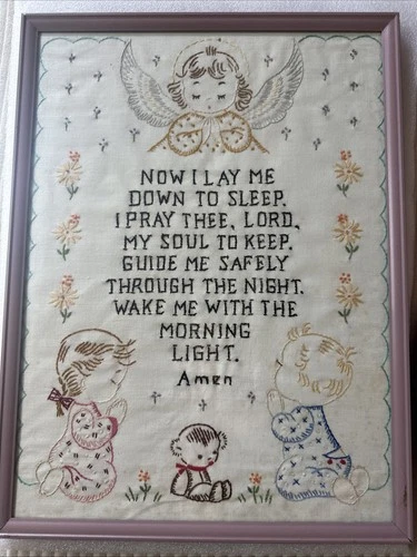 Hand Stitched Childs Prayer Framed Wall Decor Angel Nursery Baby Blessing Vtg