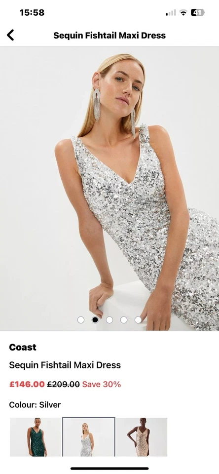 Coast V Neck Silver Sequin Evening Dress Brand New With Tags Size 10 - Image 4 of 4